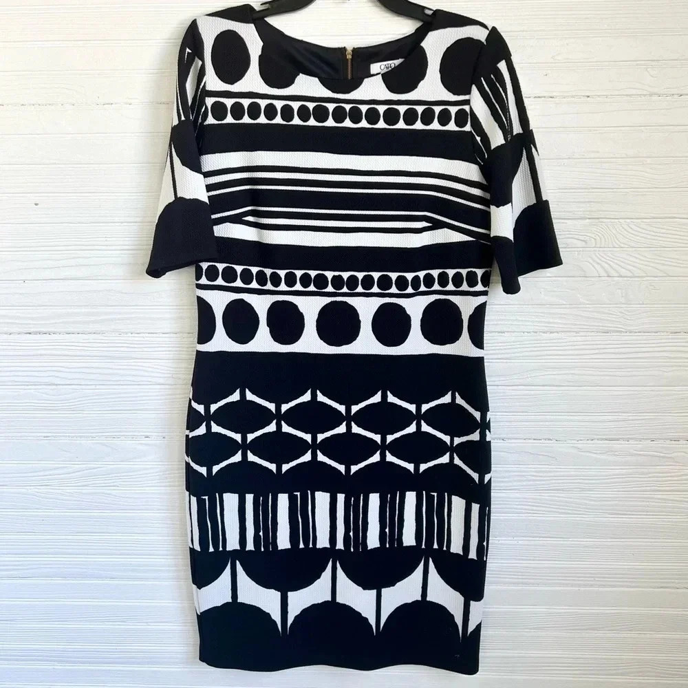 CATO Black White Print Sheath Dress Geometric Print Half Sleeve Size 10